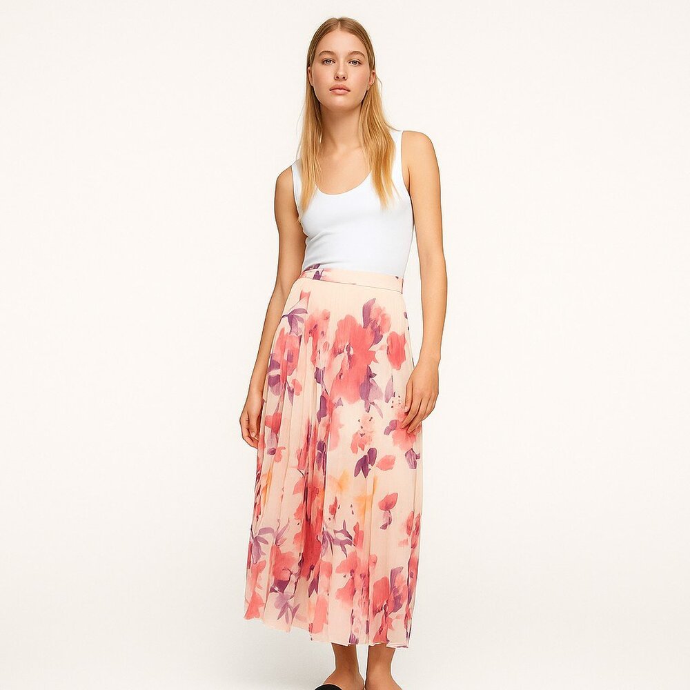 Zara Floral Chiffon Maxi Skirt – Pleated, Blush Pink Boho Beauty Size M